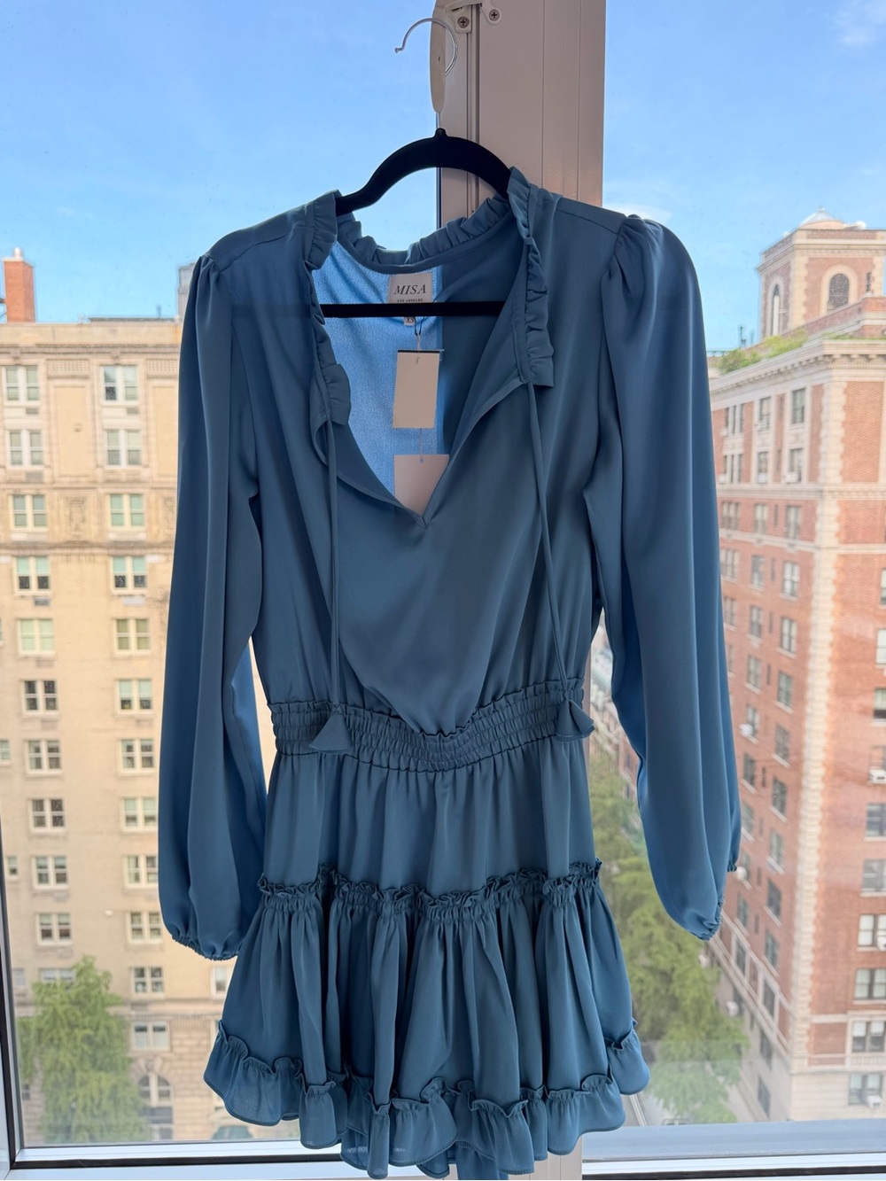 Misa Los Angeles Dusty Blue Ruffled Long-Sleeve Mini Dress